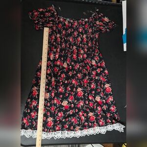 Bobbie Brooks Black Floral Smocked Dress with Red and Cream Roses